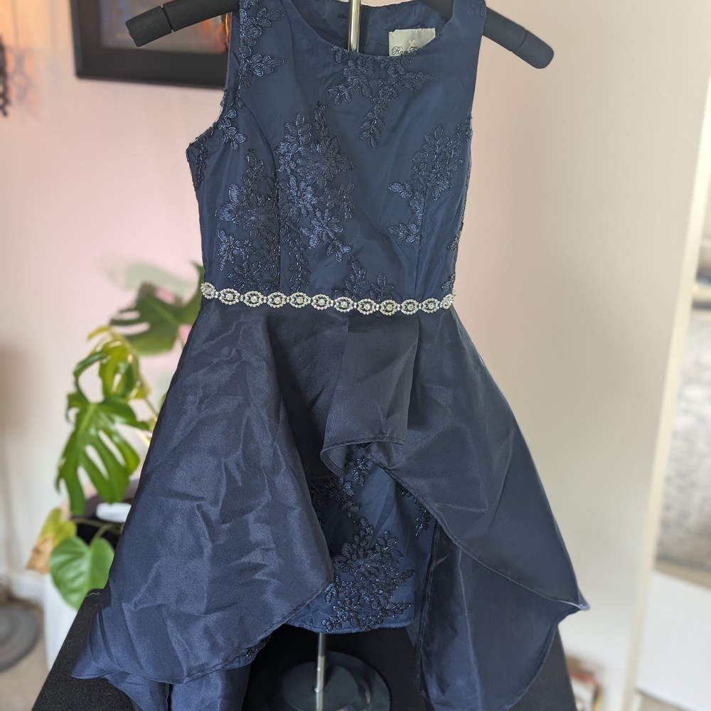 Rare Editions Navy Blue Formal Kids Dress with Embellished Waist